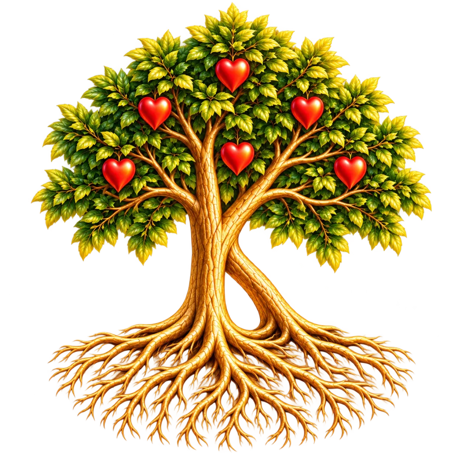 The Kindom tree: a golden tree with red hearts among its leaves and deep roots below.