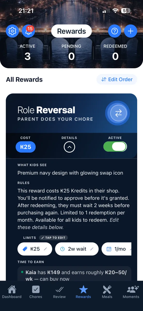 A reward card: Role Reversal, where a parent does the child's chore, priced in Kredits.