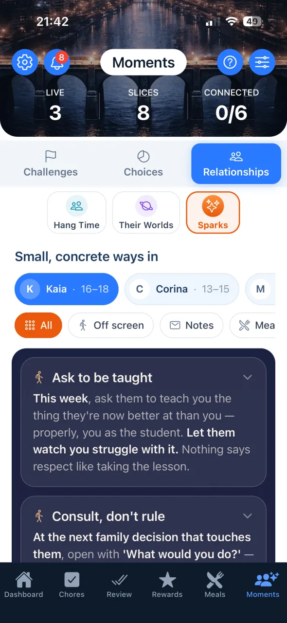 Sparks: small, concrete ideas for connecting with each child, like asking them to teach you something.