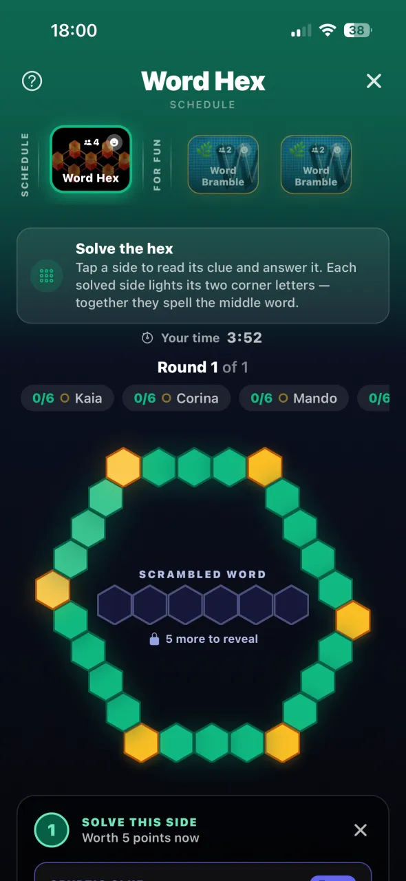 Word Hex, one of Kindom's family games: solve each side of the hexagon to reveal the hidden word.