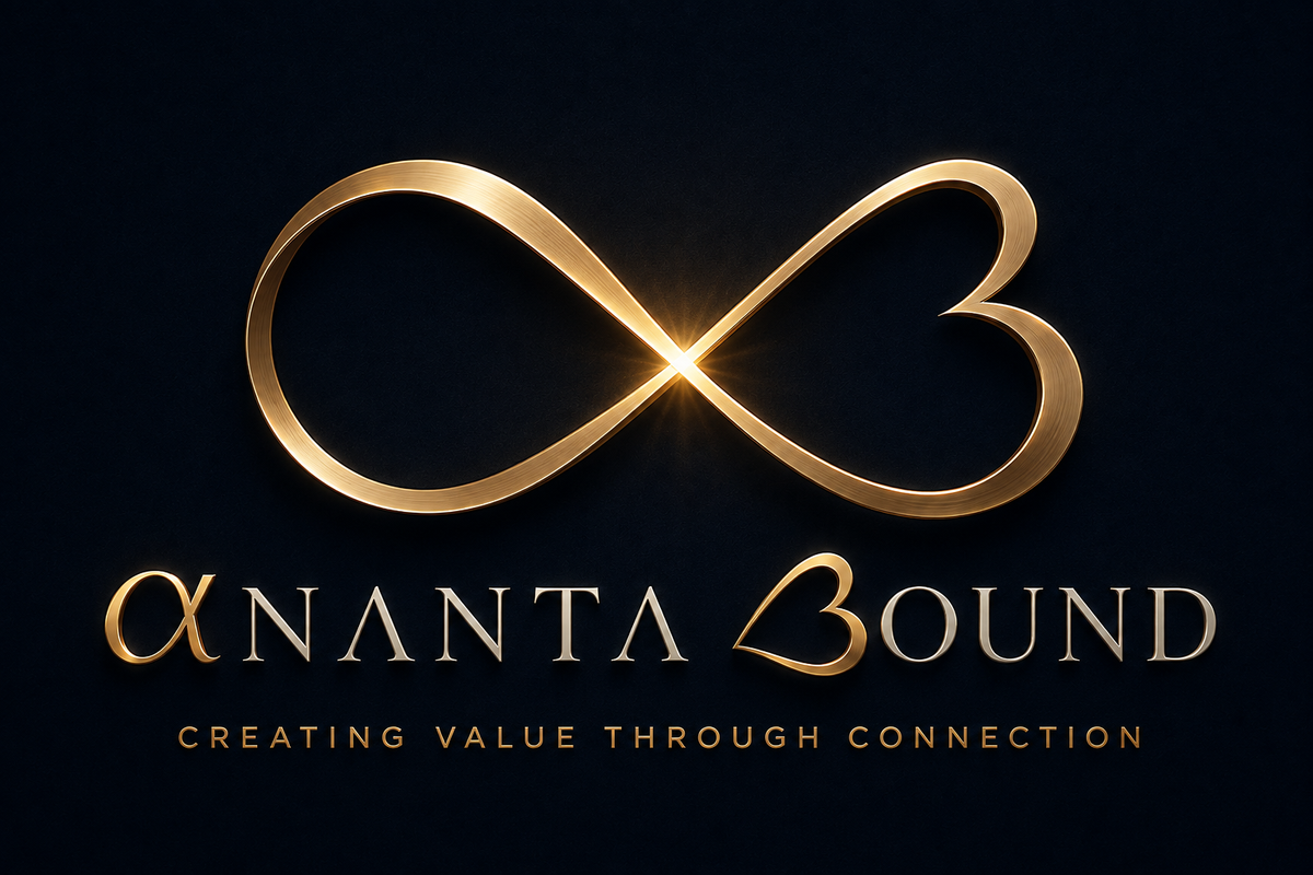 Ananta Bound — an infinity symbol whose right loop forms a heart. Tagline: creating value through connection.